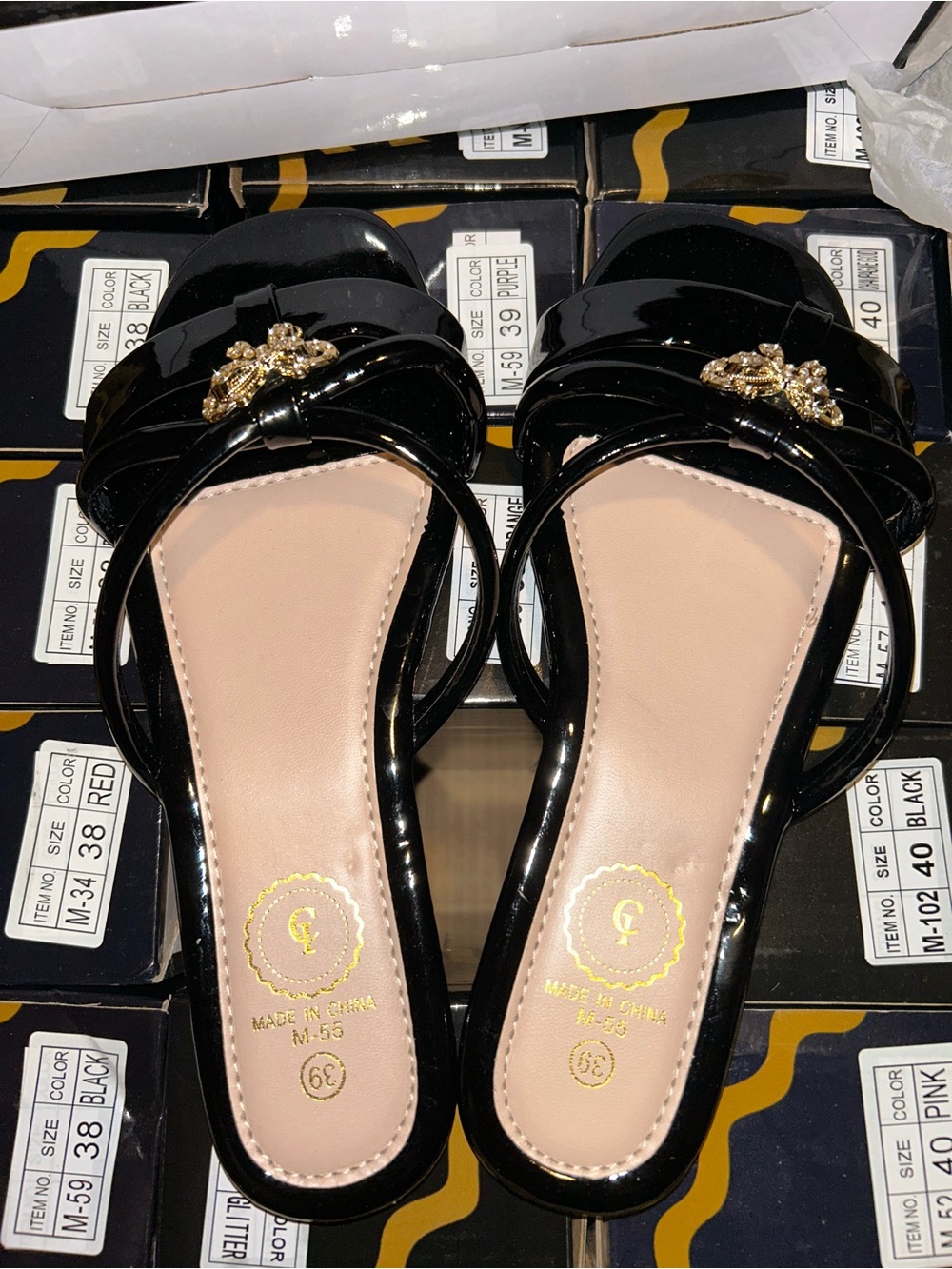Women’s Black Patent Slide Mules with Gold Accent